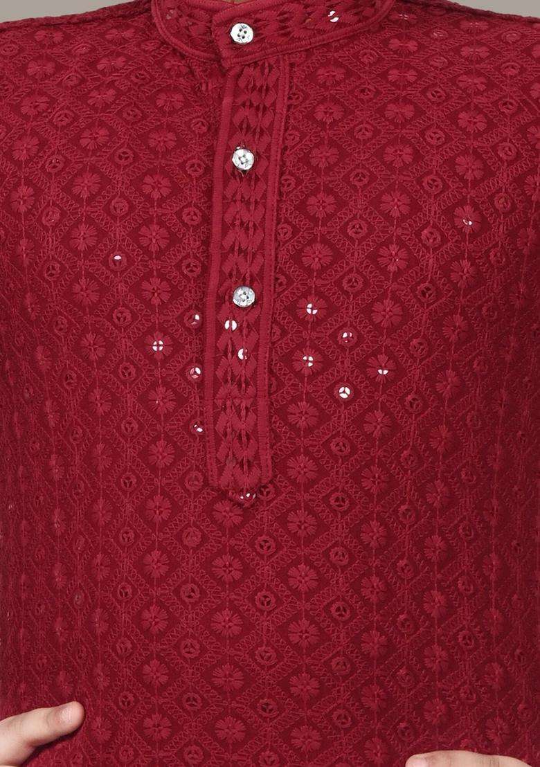 Maroon Embroidered Viscose Kurta Set For Boys - Indya