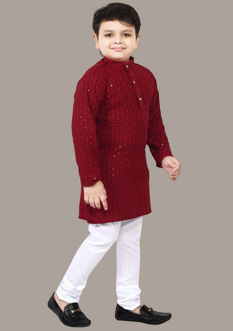 Maroon Embroidered Viscose Kurta Set For Boys - Indya