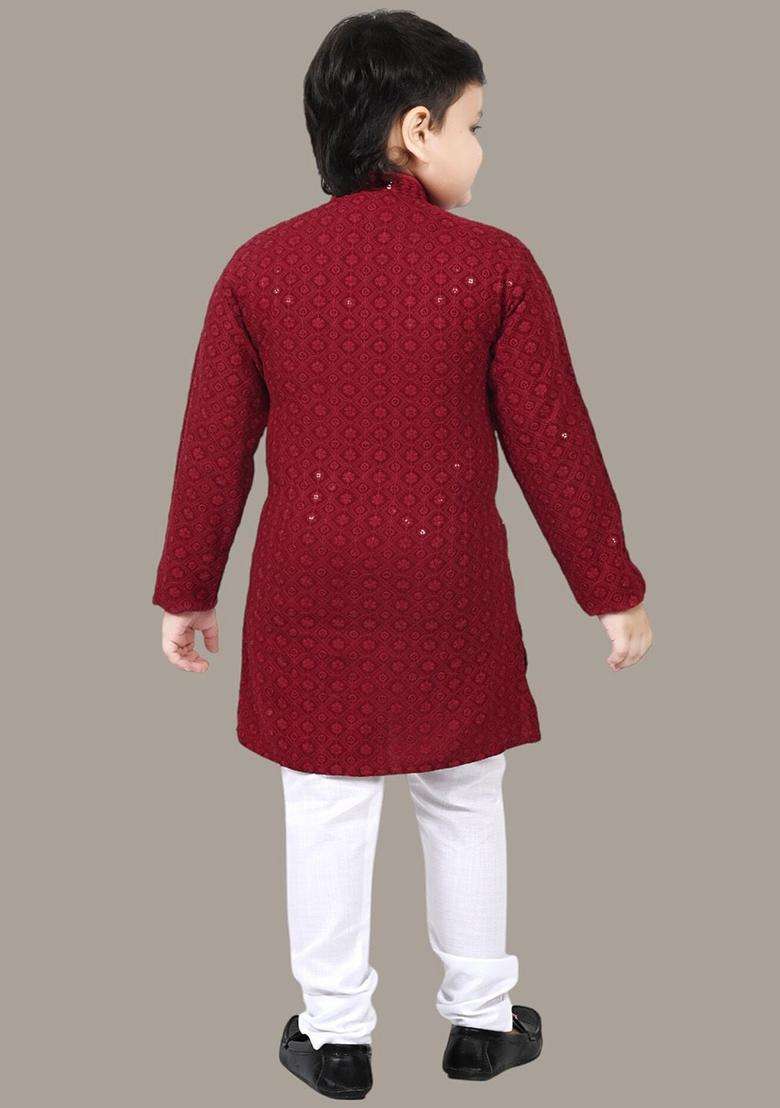 Maroon Embroidered Viscose Kurta Set For Boys - Indya