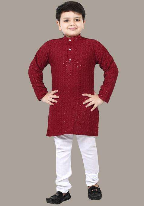 Maroon Embroidered Viscose Kurta Set For Boys