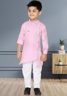 Pink Solid Cotton Kurta Set For Boys
