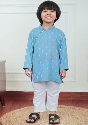 Blue Embroidered Cotton Kurta Set For Boys