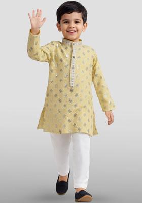 Yellow Embroidered Viscose Kurta Set For Boys