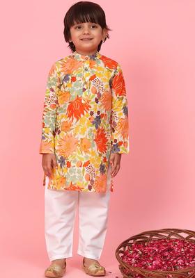 Yellow Printed Cotton Kurta Set For Boys