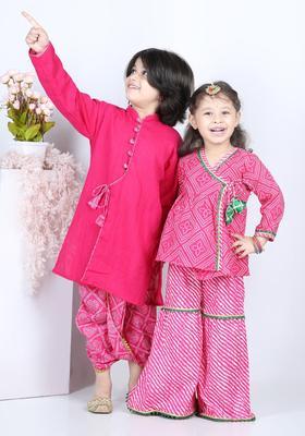 Pink Solid Cotton Kurta Set For Boys