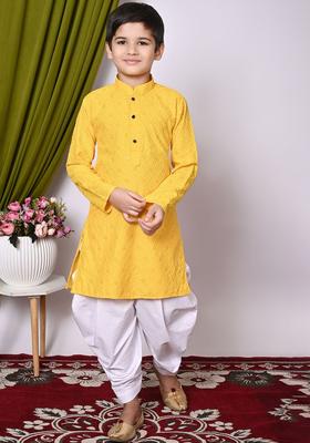 Yellow Embroidered Cotton Kurta Set For Boys