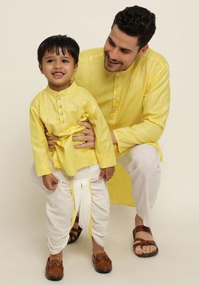 Yellow Striped Cotton Kurta Set For Boys