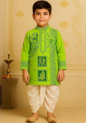 Lime Green Printed Cotton Kurta Set For Boys
