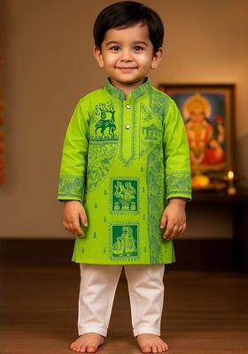 Lime Green Printed Cotton Kurta Set For Boys