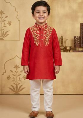 Red Embroidered Cotton Kurta Set For Boys