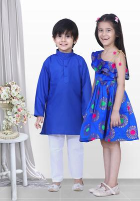 Blue Solid Cotton Kurta Set For Boys