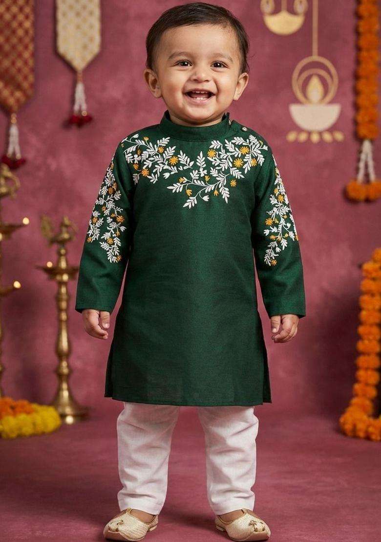 Green Embroidered Silk Kurta Set For Boys - Indya