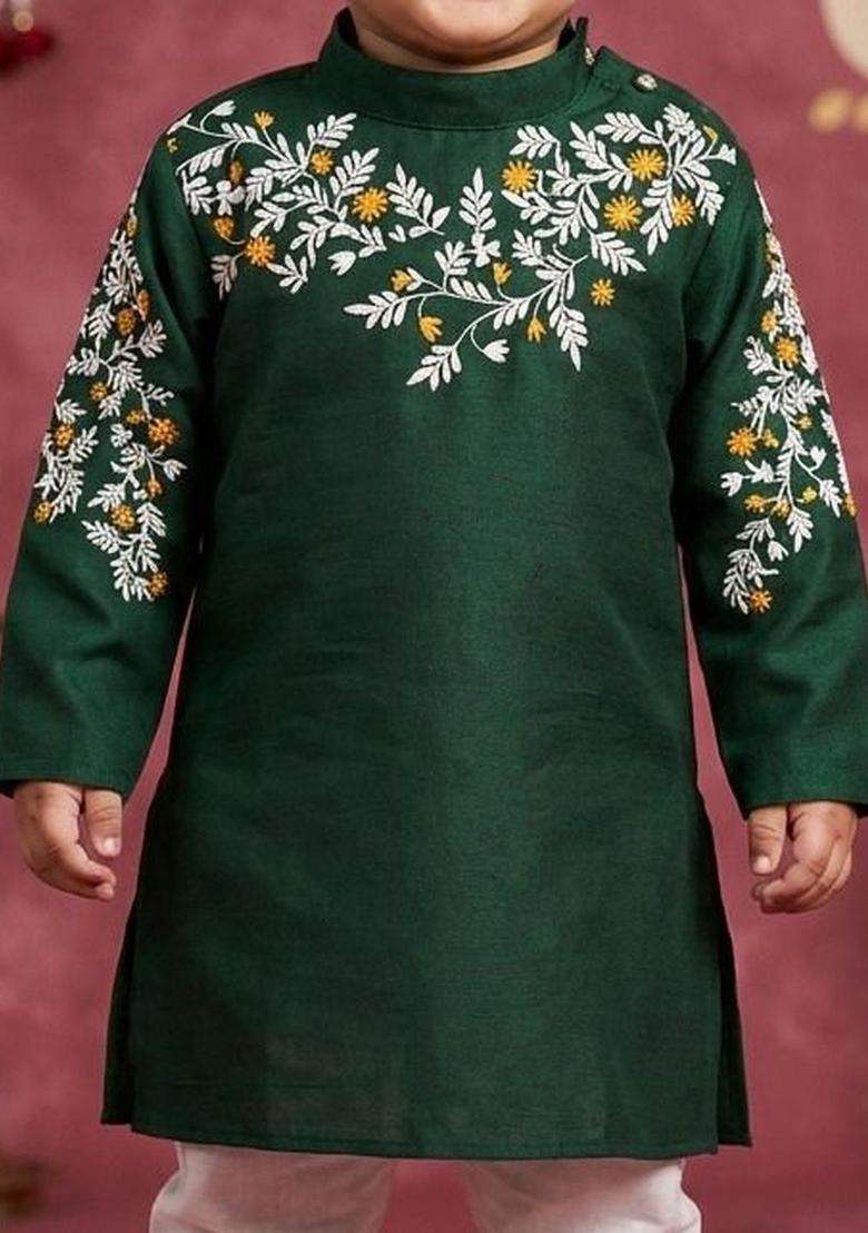 Green Embroidered Silk Kurta Set For Boys - Indya