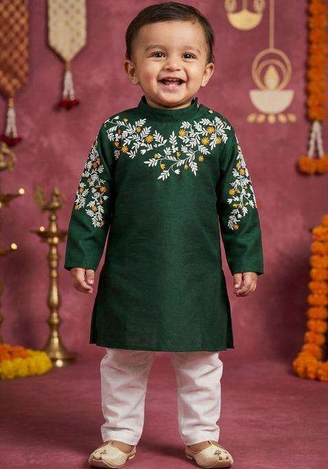 Green Embroidered Silk Kurta Set For Boys
