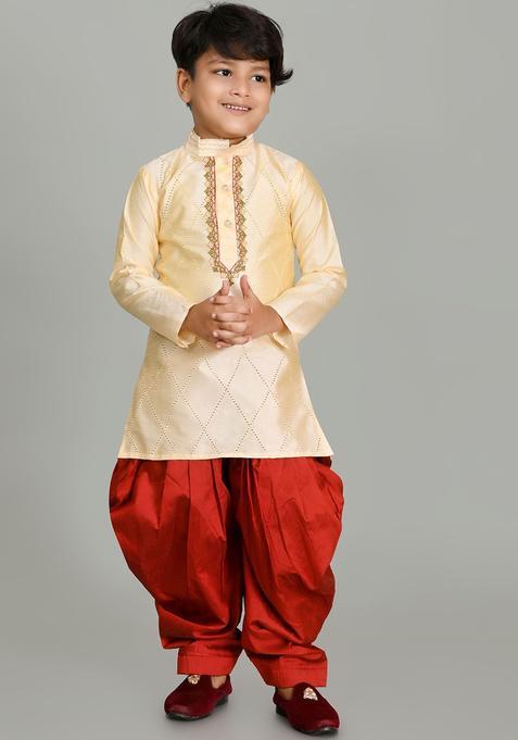 Beige Embroidered Silk Kurta Set For Boys — view on Indya
