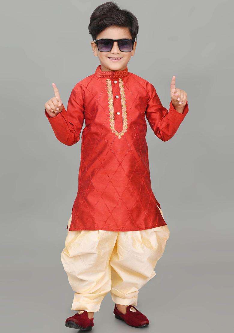 Maroon Embroidered Silk Kurta Set For Boys - Indya
