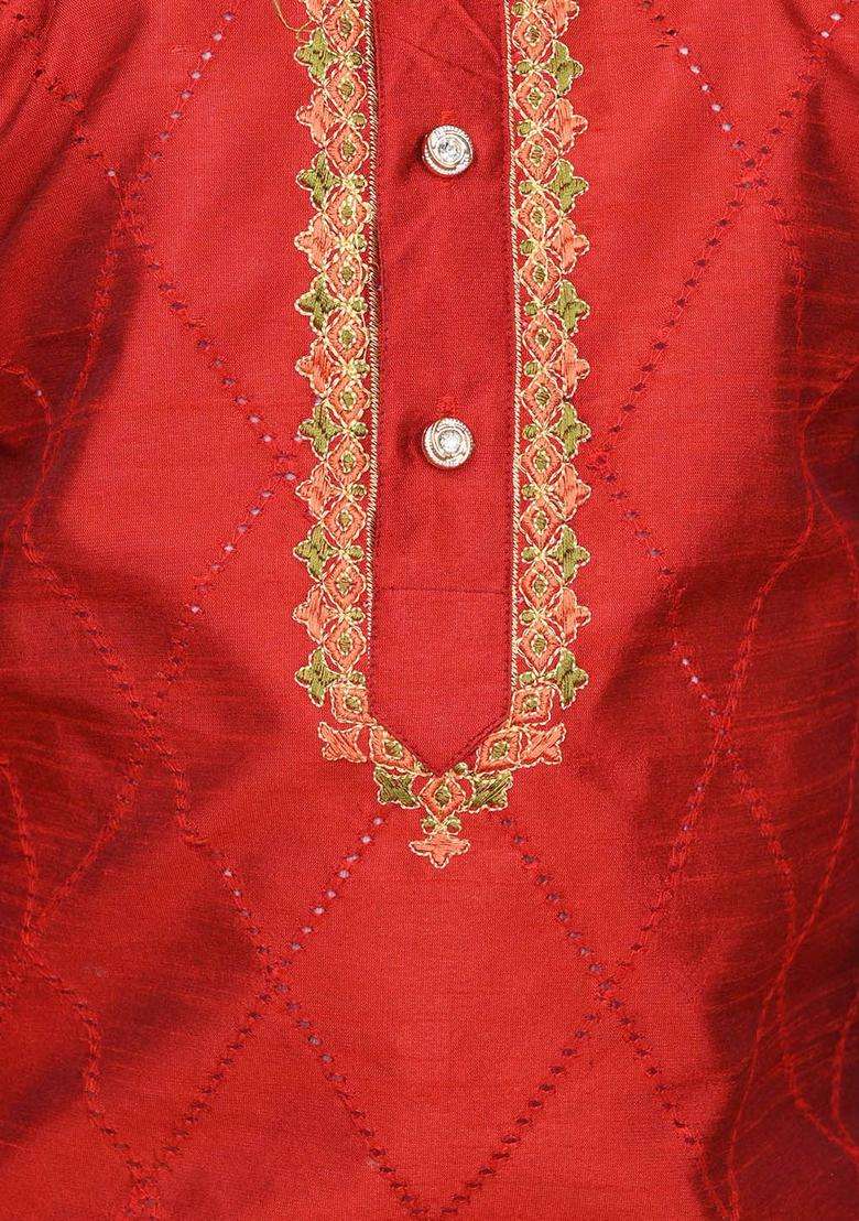 Maroon Embroidered Silk Kurta Set For Boys - Indya