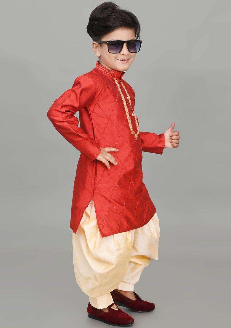 Maroon Embroidered Silk Kurta Set For Boys - Indya