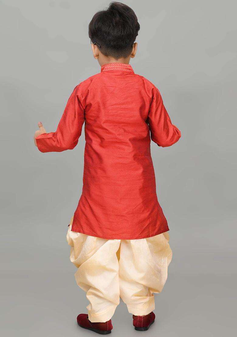 Maroon Embroidered Silk Kurta Set For Boys - Indya