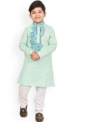 Sea Green Embroidered Cotton Kurta Set For Boys