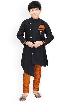 Black Solid Cotton Kurta Set For Boys