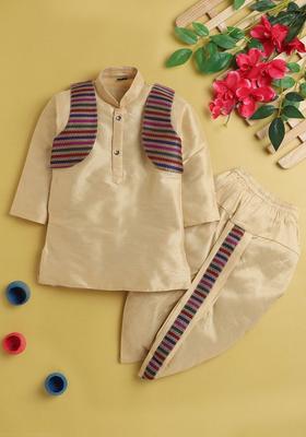 Beige Solid Silk Kurta Set For Boys