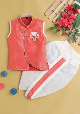 Red Woven Design Silk Kurta Set For Boys