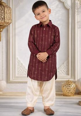 Burgundy Printed Silk Kurta Set For Boys