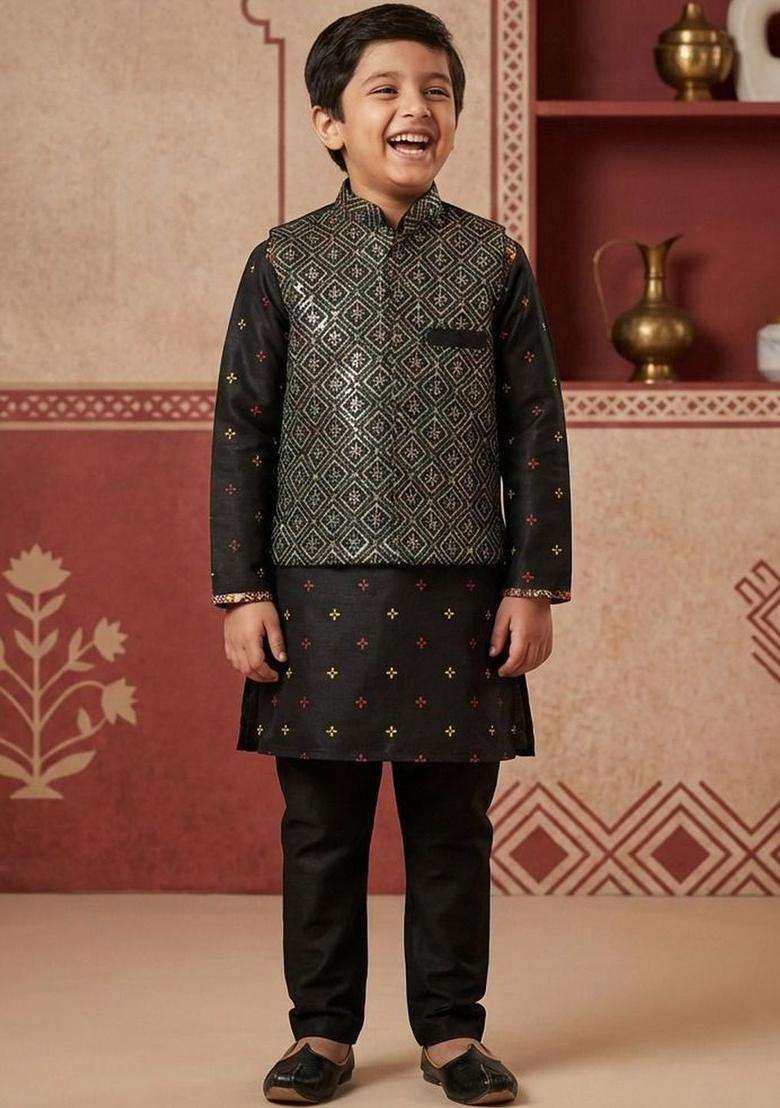 Black Printed Silk Kurta Set For Boys - Indya