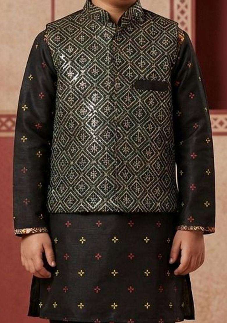 Black Printed Silk Kurta Set For Boys - Indya