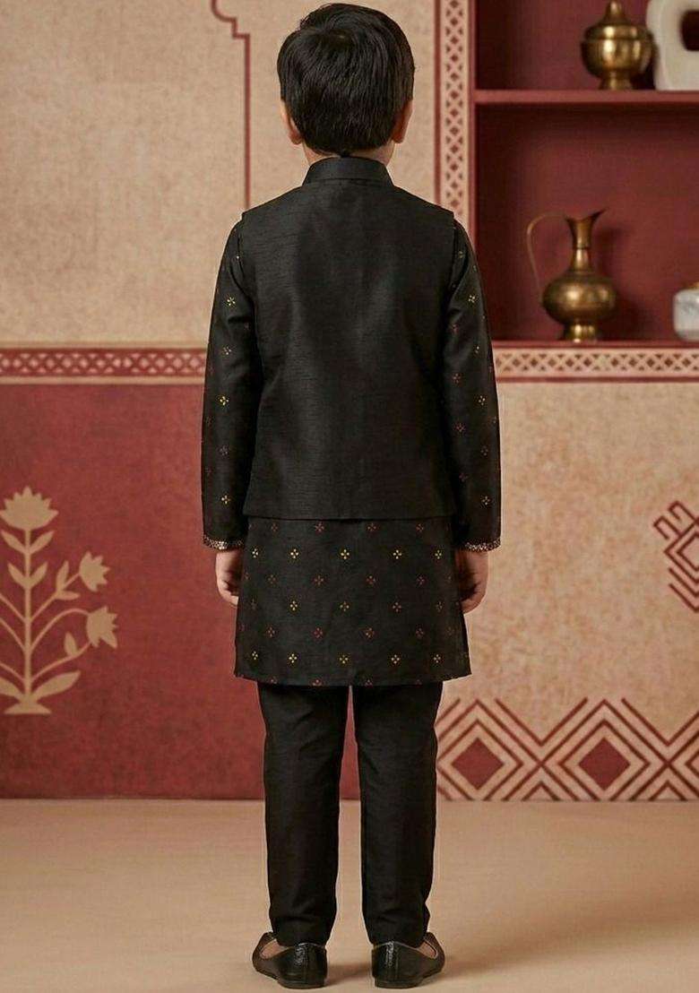 Black Printed Silk Kurta Set For Boys - Indya