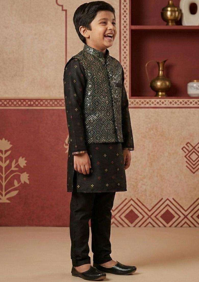 Black Printed Silk Kurta Set For Boys - Indya