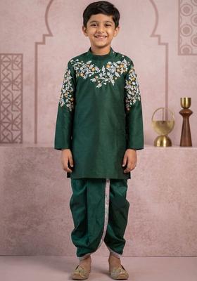 Green Embroidered Silk Kurta Set For Boys