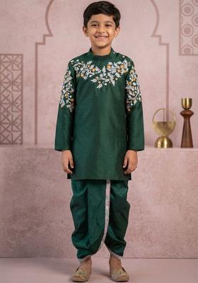 Green Embroidered Silk Kurta Set For Boys