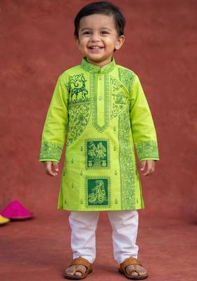 Lime Green Printed Cotton Kurta Set For Boys