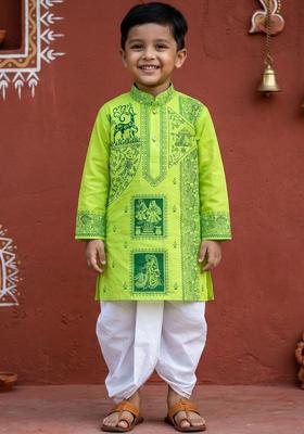 Lime Green Printed Cotton Kurta Set For Boys
