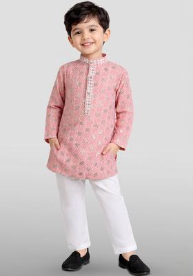 Pink Embroidered Viscose Kurta Set For Boys