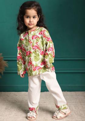 White Printed Cotton Kurta Set For Boys