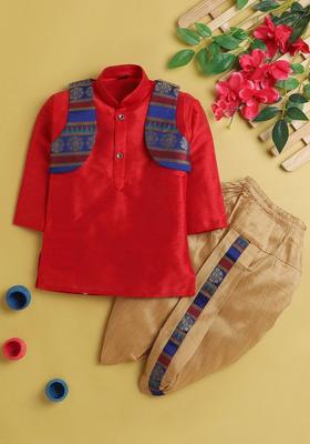 Red Solid Silk Kurta Set For Boys