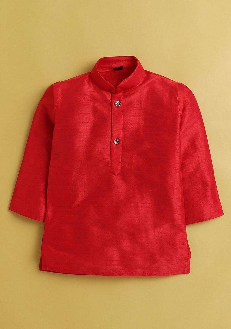 Red Solid Silk Kurta Set For Boys - Indya