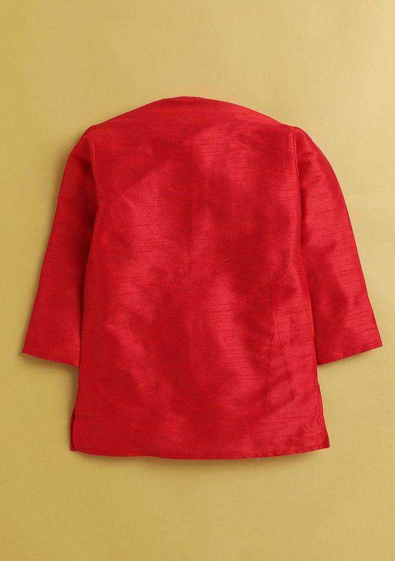 Red Solid Silk Kurta Set For Boys - Indya