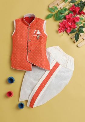 White Woven Design Silk Kurta Set For Boys