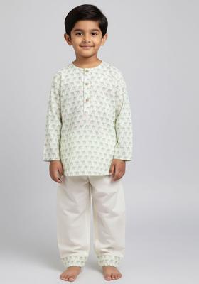 Off White Printed Cotton Kurta Set For Boys