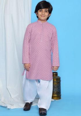Pink Self Design Cotton Kurta Set For Boys