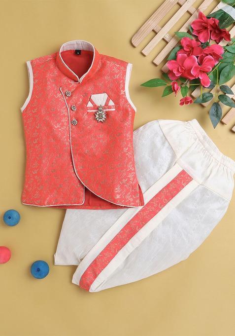 Orange Woven Design Silk Kurta Set For Boys — view on Indya