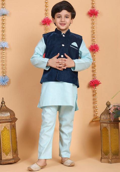 Blue Dyed Cotton Kurta Set For Boys — view on Indya