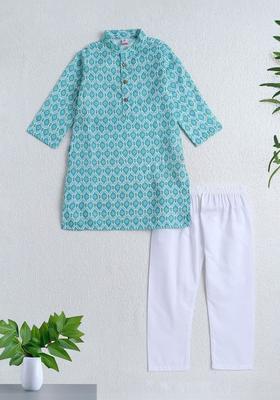Blue Printed Polyester Kurta Set For Boys