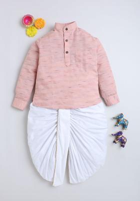 Pink Striped Cotton Kurta Set For Boys