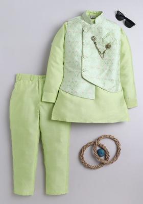 Lime Green Woven Design Silk Kurta Set For Boys