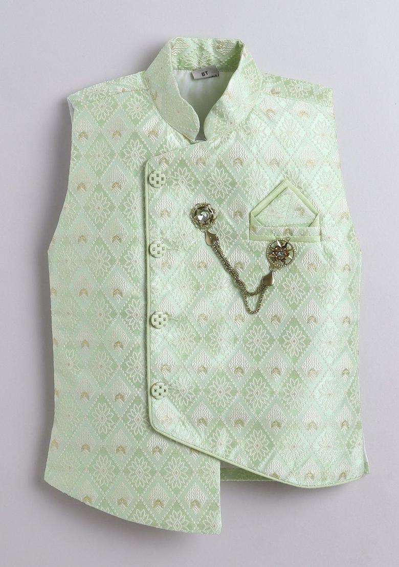Lime Green Woven Design Silk Kurta Set For Boys - Indya